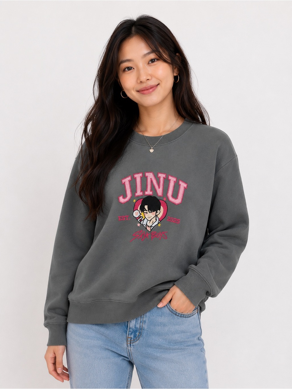 Gray K-pop Demon Hunters Sweatshirt with Pink 'JINU' Embroidered Graphic